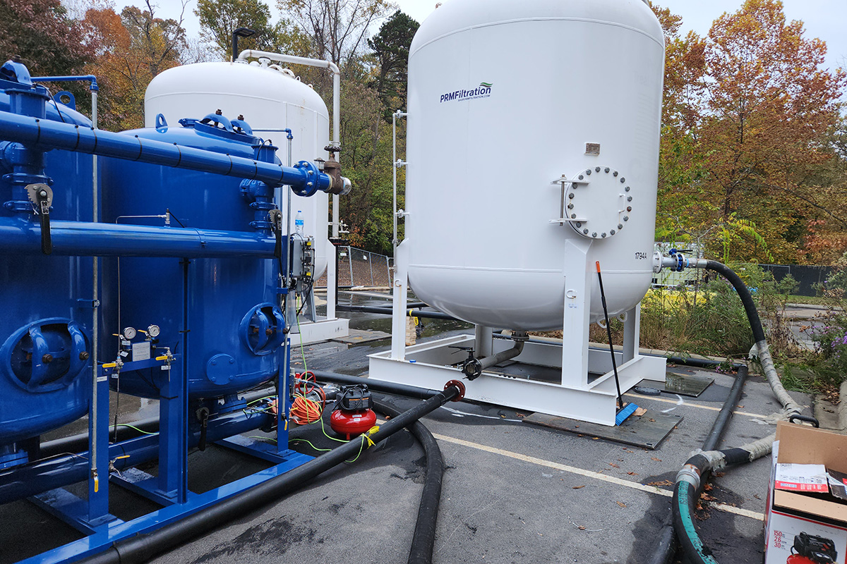 Carbon vessel and filtration skid deployed on-site for PFAS treatment — granular activated carbon systems are among the primary treatment technologies for PFAS-contaminated water