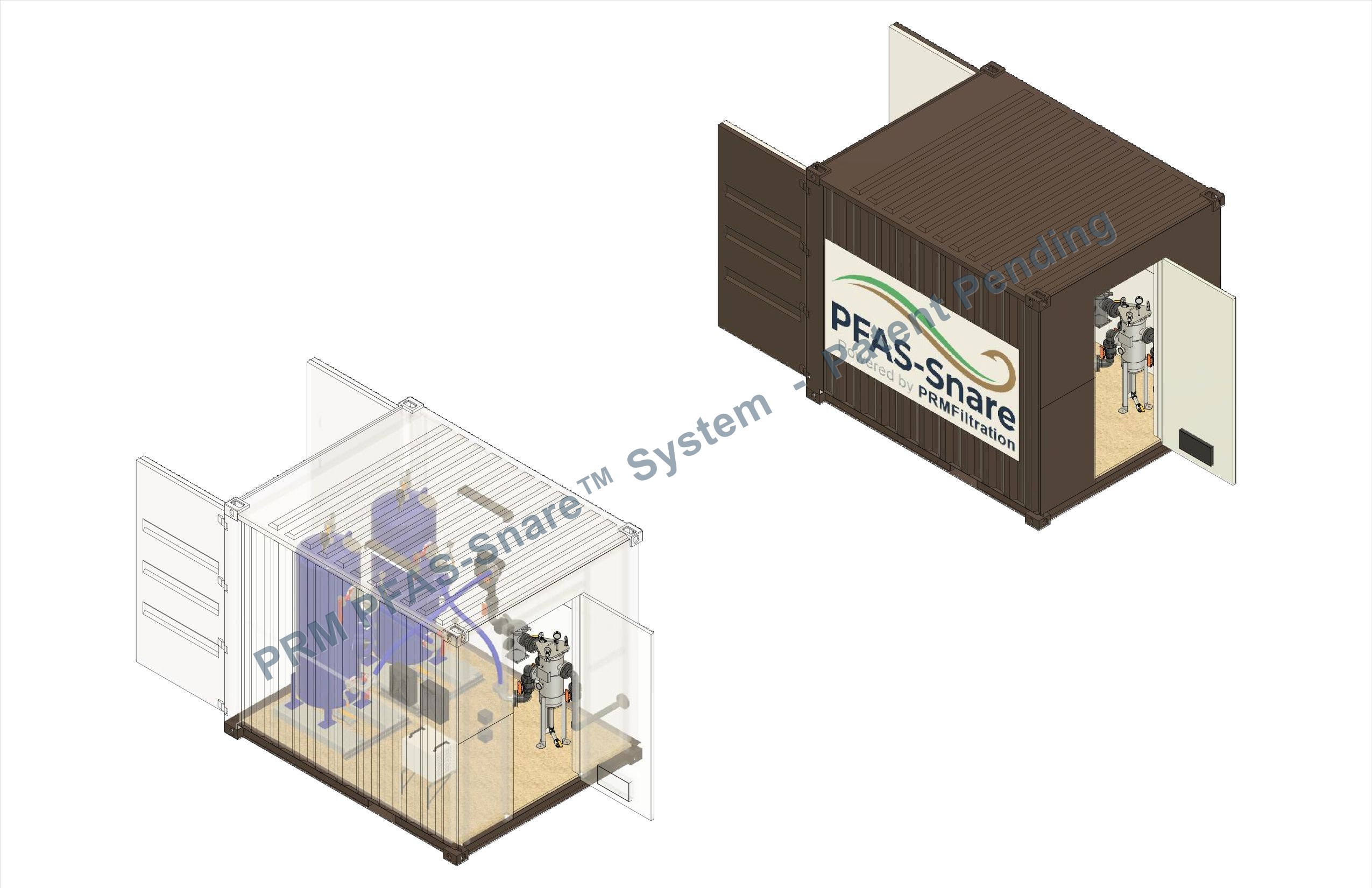 3D render of the patent-pending PFAS-Snare containerized water treatment system, showing the branded shipping-container enclosure alongside a cutaway view of the internal treatment train.